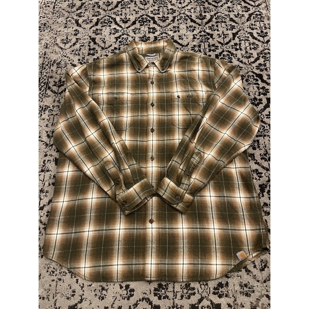 Carhartt Relaxed Fit Brown/ Green Plaid Button Down Shirt Size XL 100% Cotton